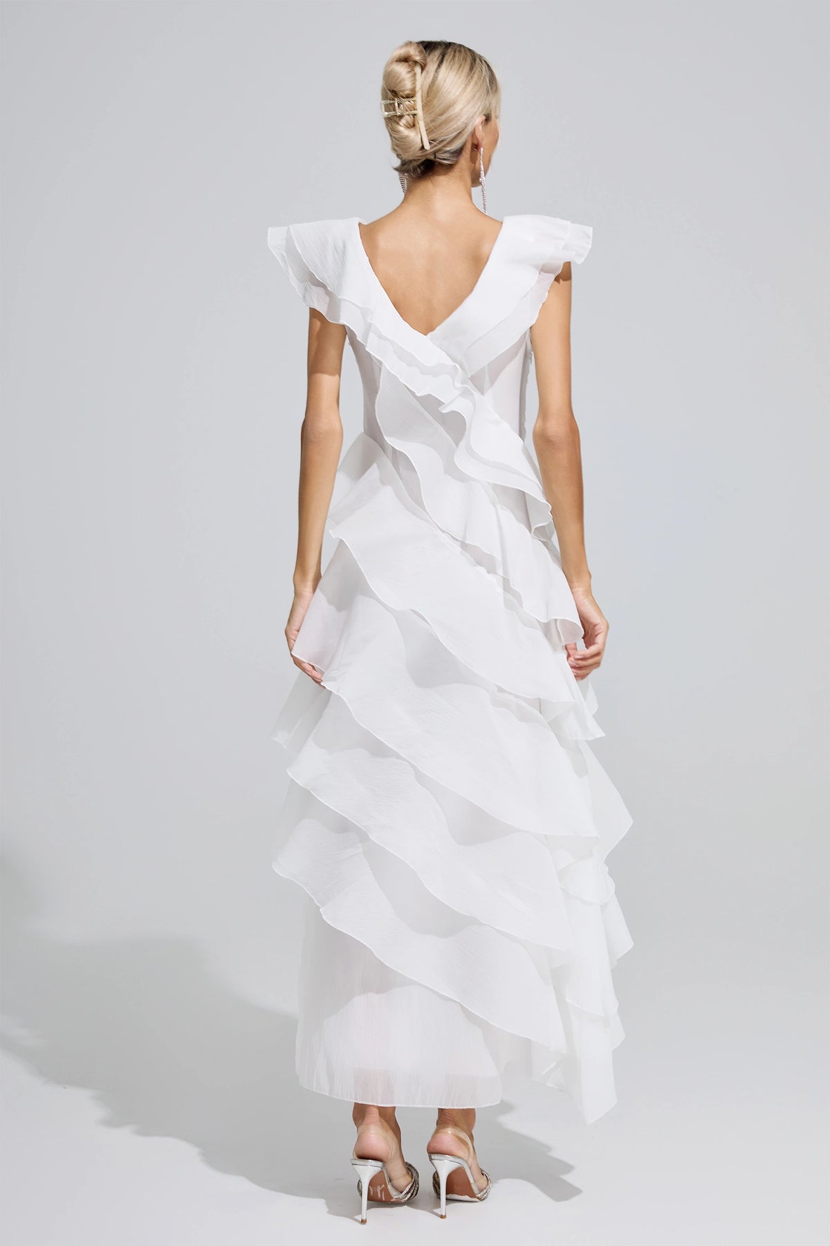 Dolvess White Ruffle Trim Midi Dress