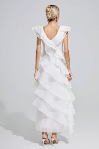 Dolvess White Ruffle Trim Midi Dress