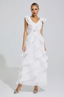 Dolvess White Ruffle Trim Midi Dress