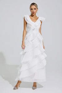 Dolvess White Ruffle Trim Midi Dress