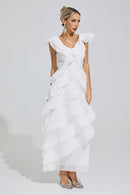 Dolvess White Ruffle Trim Midi Dress