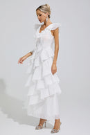 Dolvess White Ruffle Trim Midi Dress