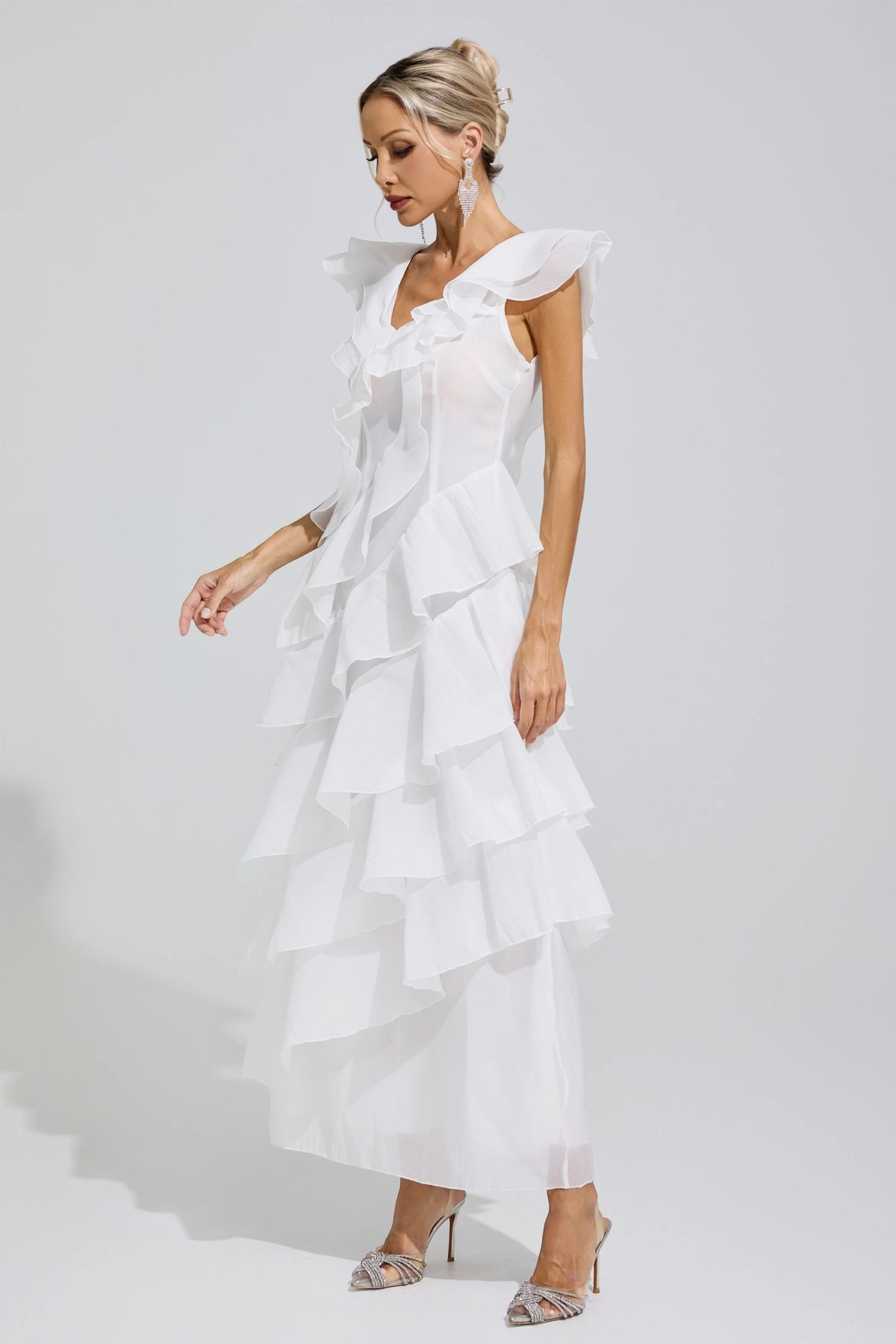 Dolvess White Ruffle Trim Midi Dress
