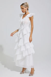 Dolvess White Ruffle Trim Midi Dress