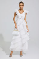 Dolvess White Ruffle Trim Midi Dress
