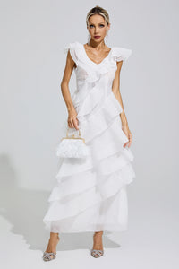 Dolvess White Ruffle Trim Midi Dress