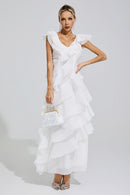 Dolvess White Ruffle Trim Midi Dress
