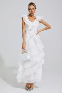 Dolvess White Ruffle Trim Midi Dress