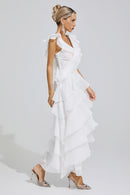 Dolvess White Ruffle Trim Midi Dress