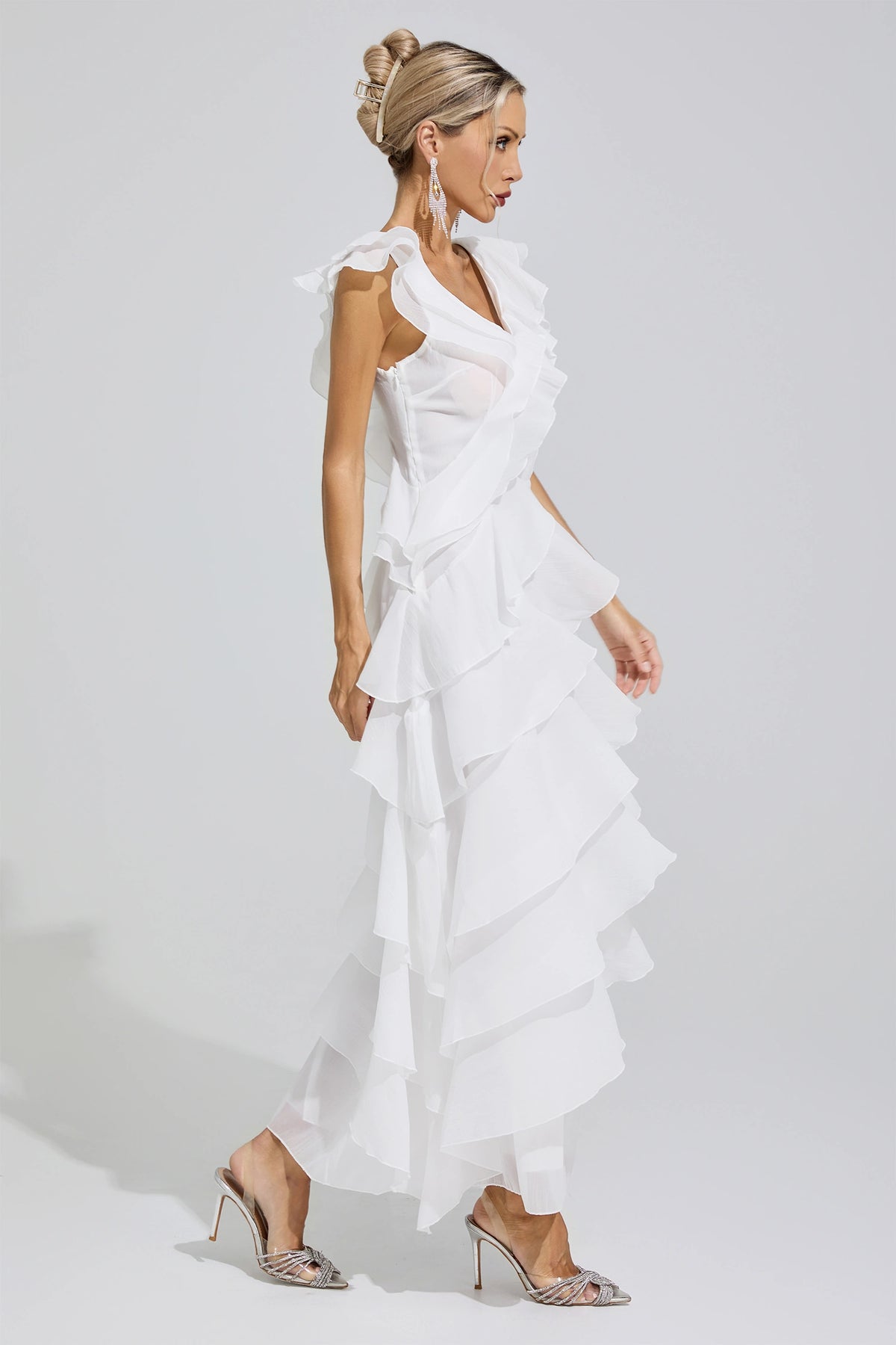 Dolvess White Ruffle Trim Midi Dress