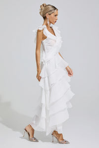 Dolvess White Ruffle Trim Midi Dress