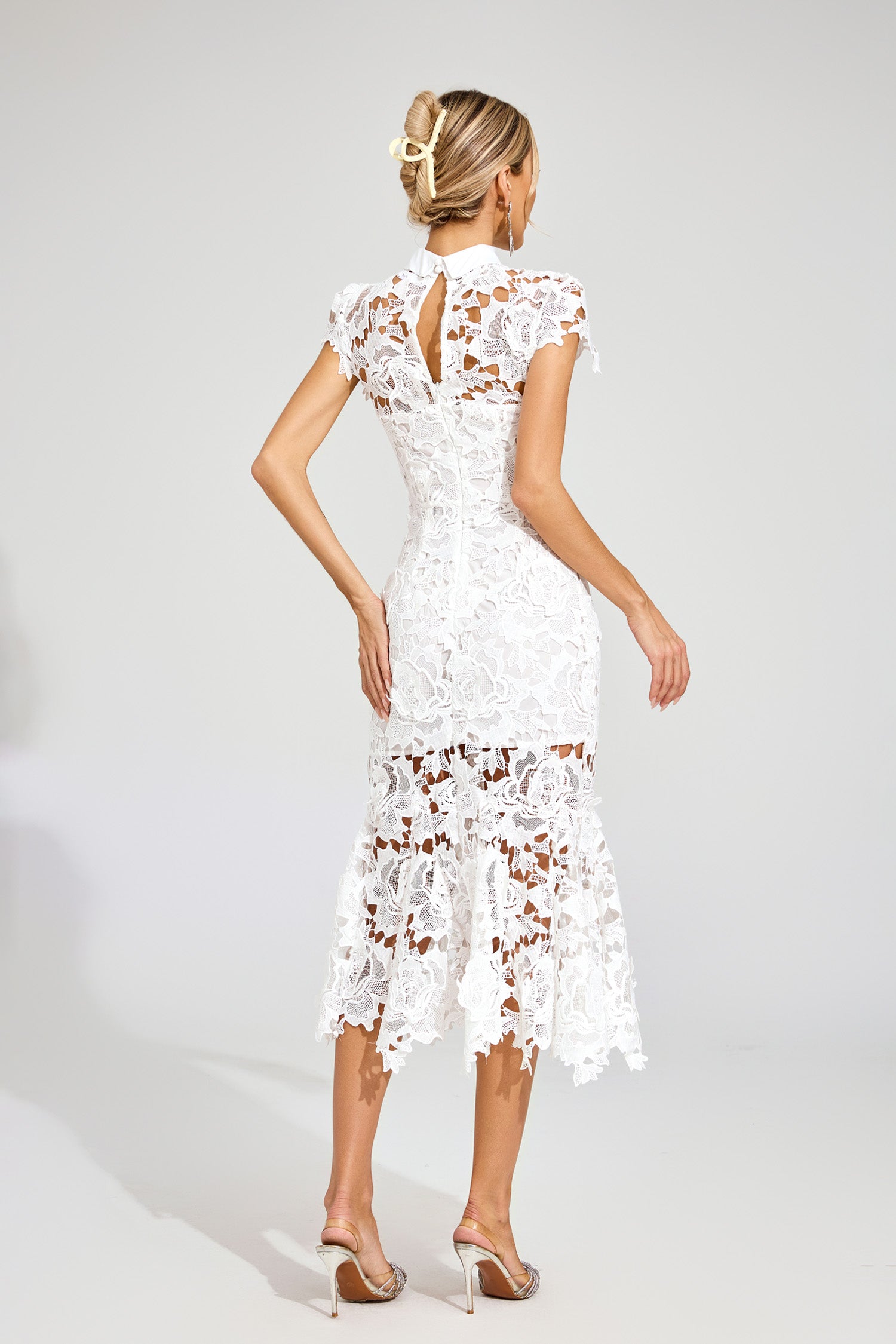 Pexmir Fishtail Lace Cutout Maxi Dress In White