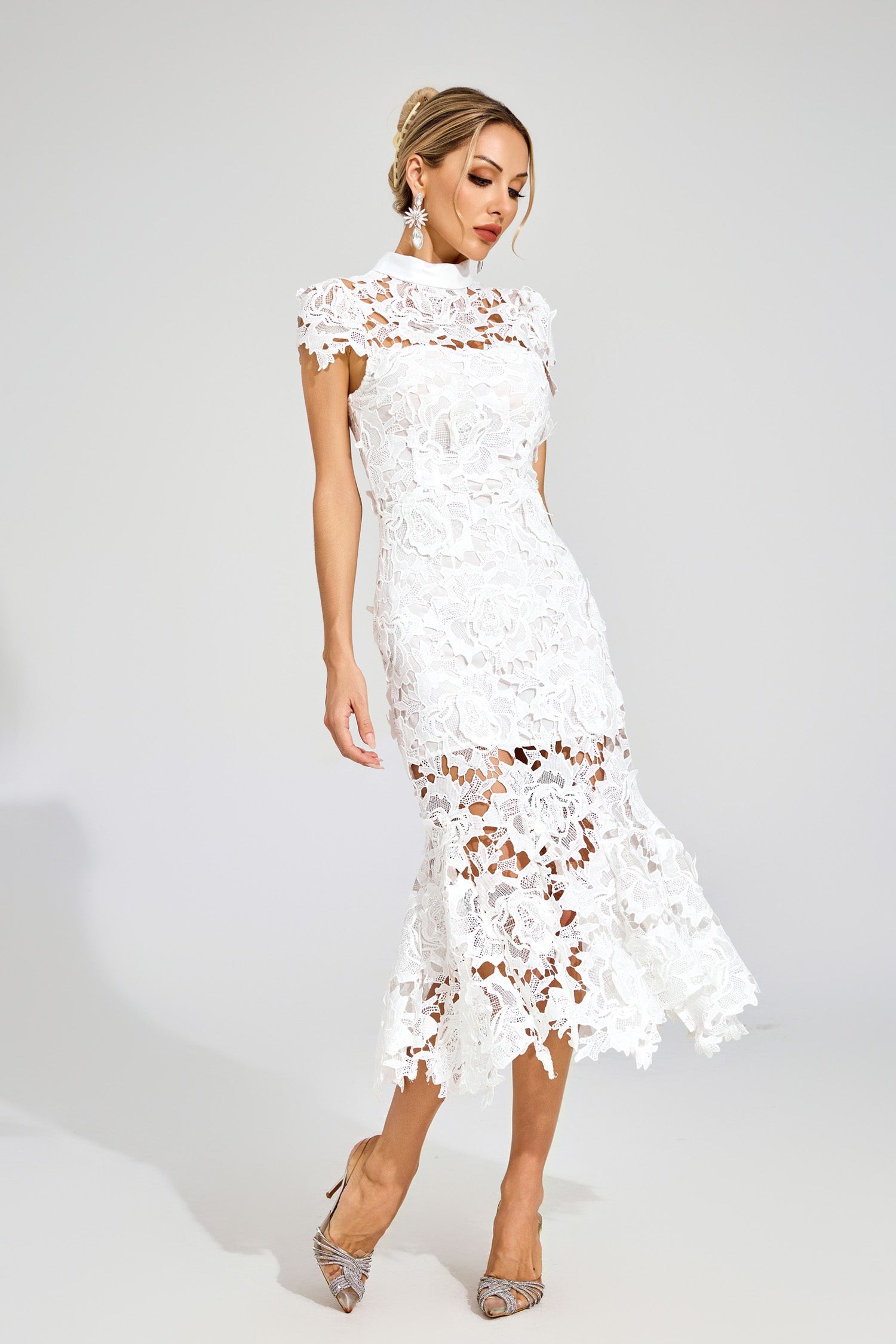 Pexmir Fishtail Lace Cutout Maxi Dress In White
