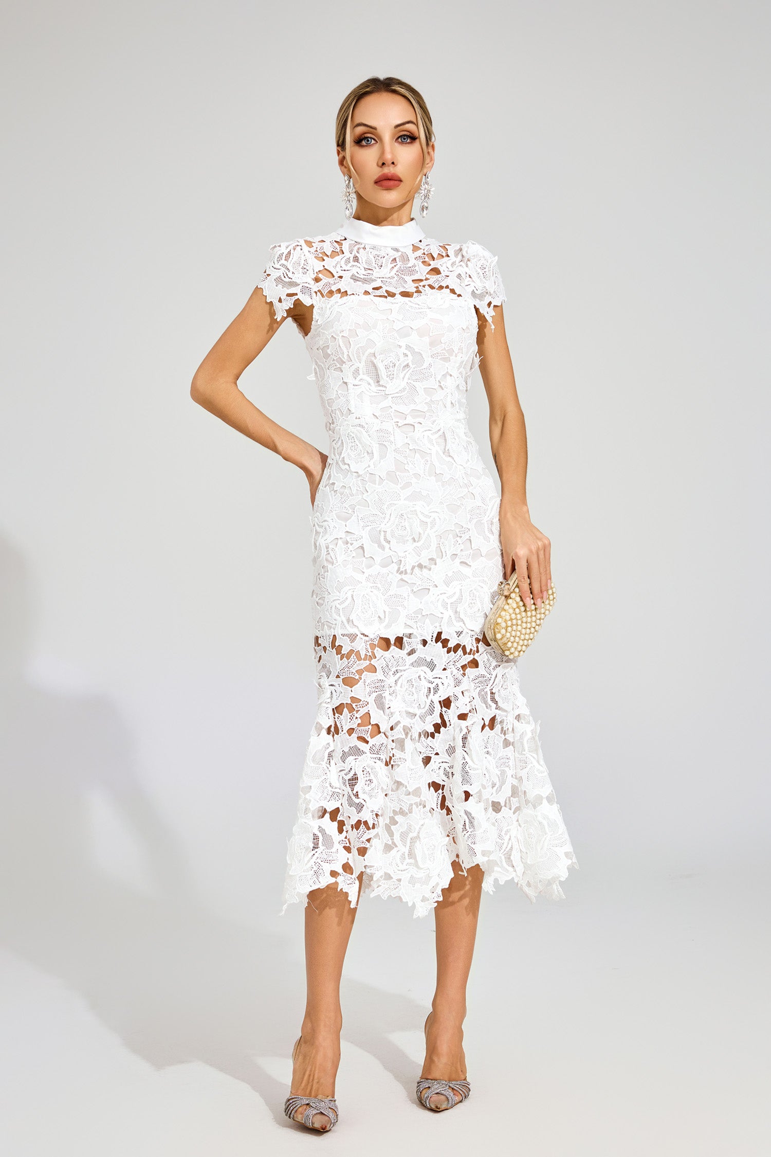 Pexmir Fishtail Lace Cutout Maxi Dress In White