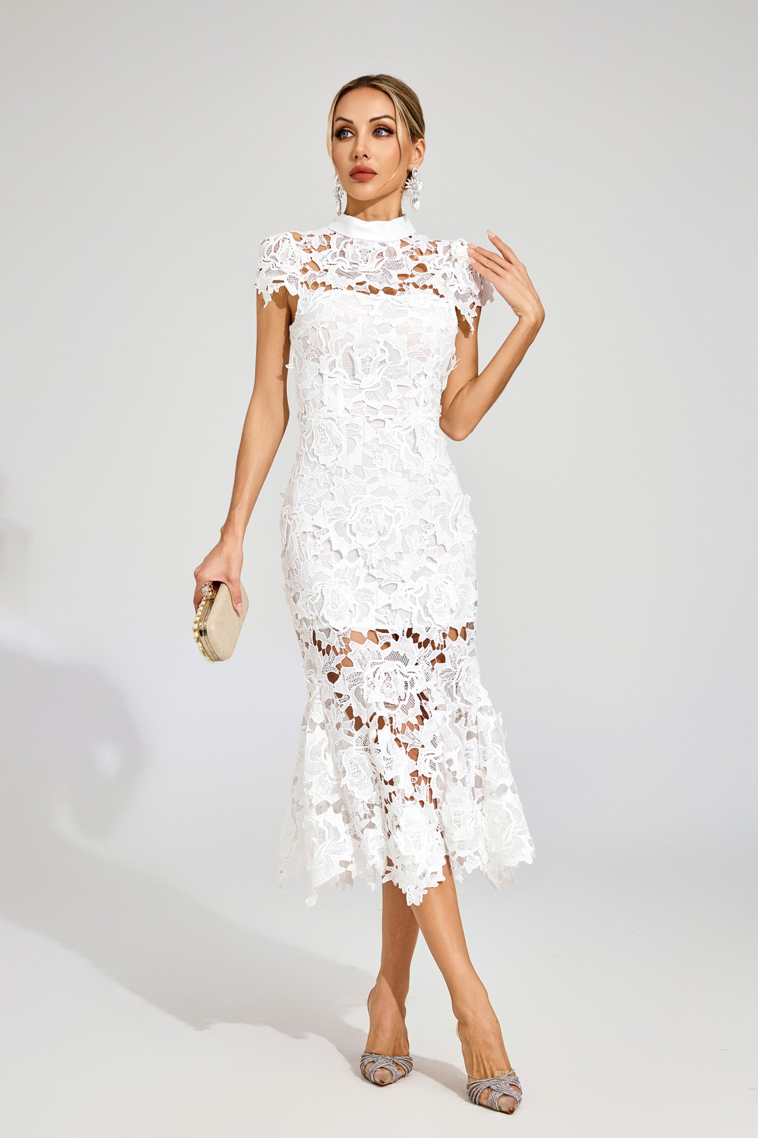 Pexmir Fishtail Lace Cutout Maxi Dress In White
