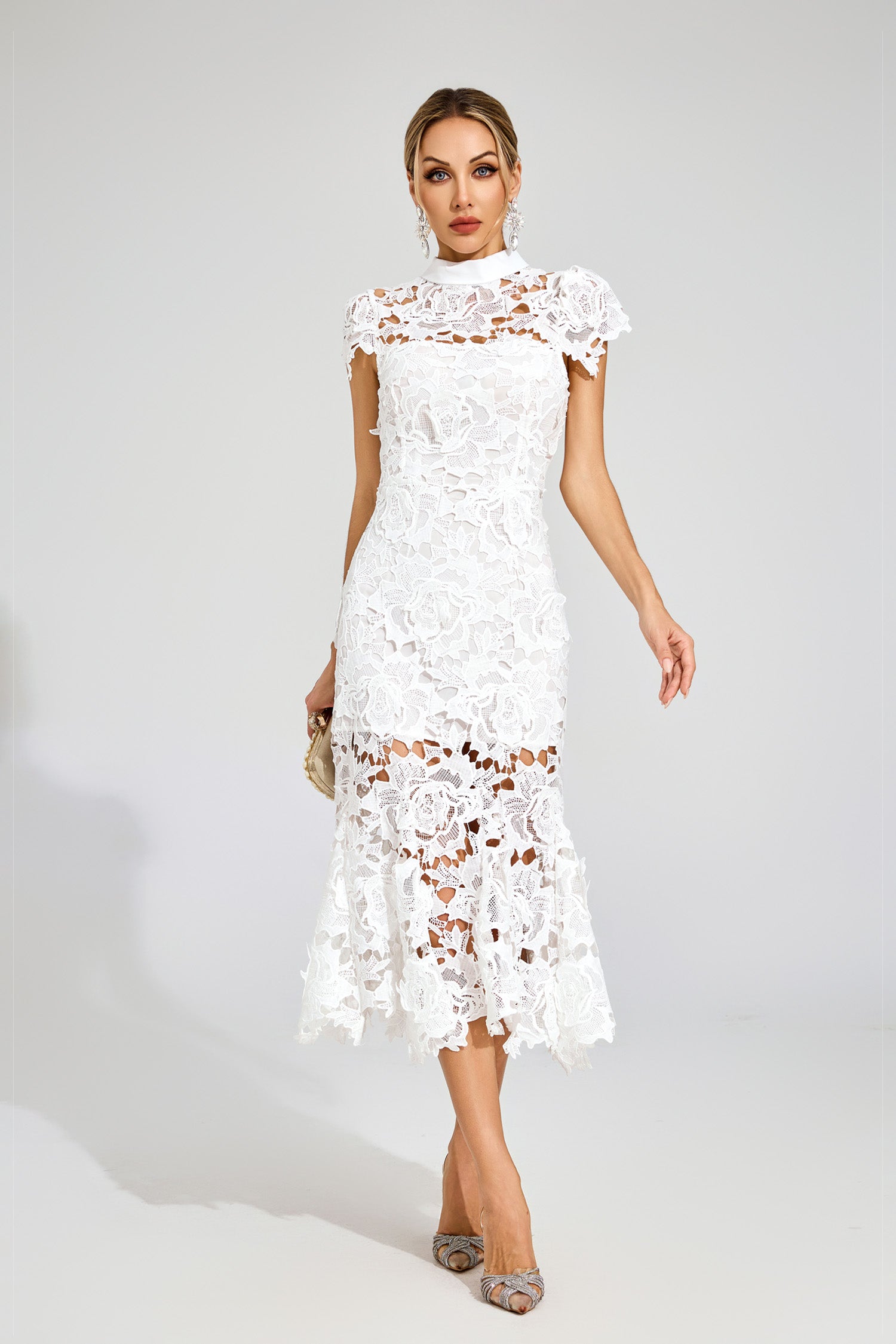 Pexmir Fishtail Lace Cutout Maxi Dress In White