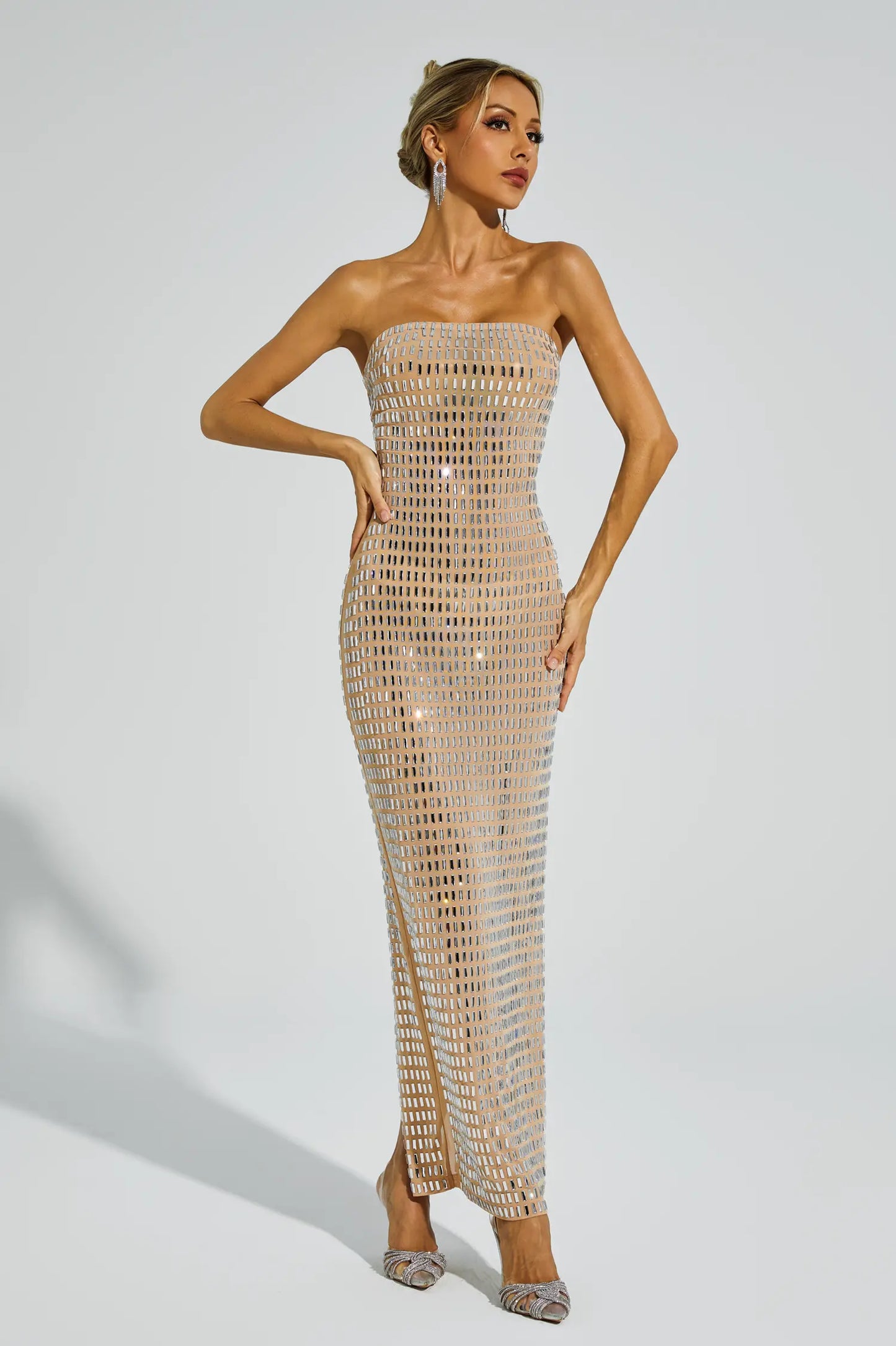 Boris Champagne Diamond Off Shoulder Dress