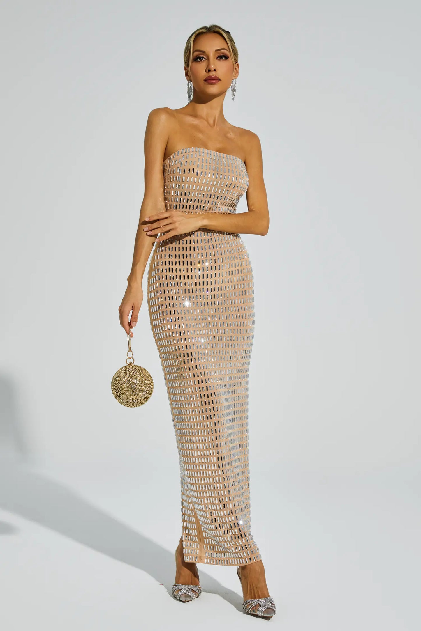 Boris Champagne Diamond Off Shoulder Dress