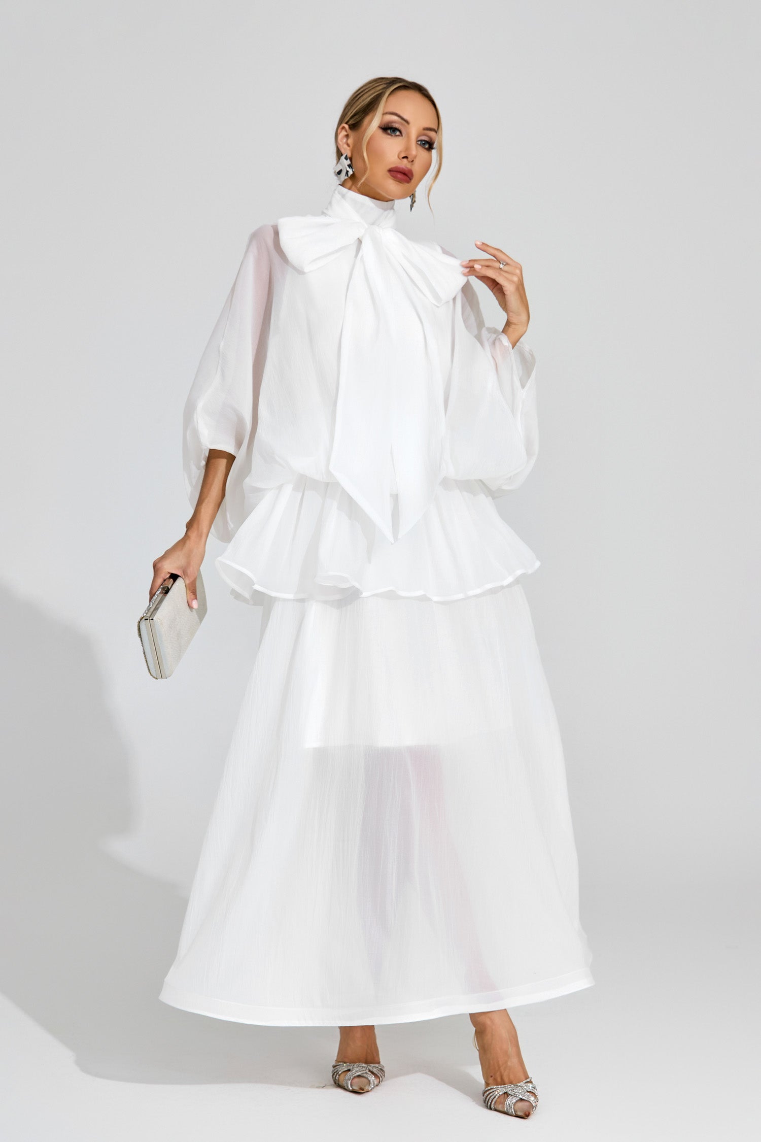 Doren Sheer Bow Maxi Dress In White