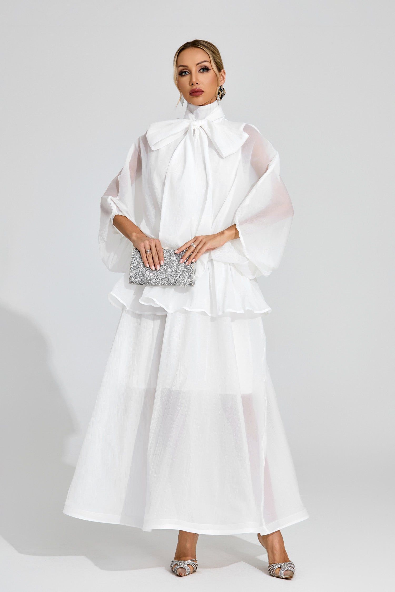 Doren Sheer Bow Maxi Dress In White