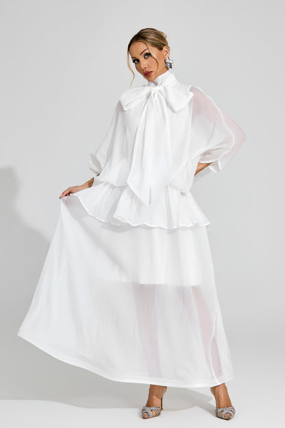 Doren Sheer Bow Maxi Dress In White