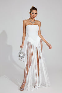 Maksim White Fringe Strapless Maxi Dress