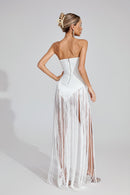 Maksim White Fringe Strapless Maxi Dress