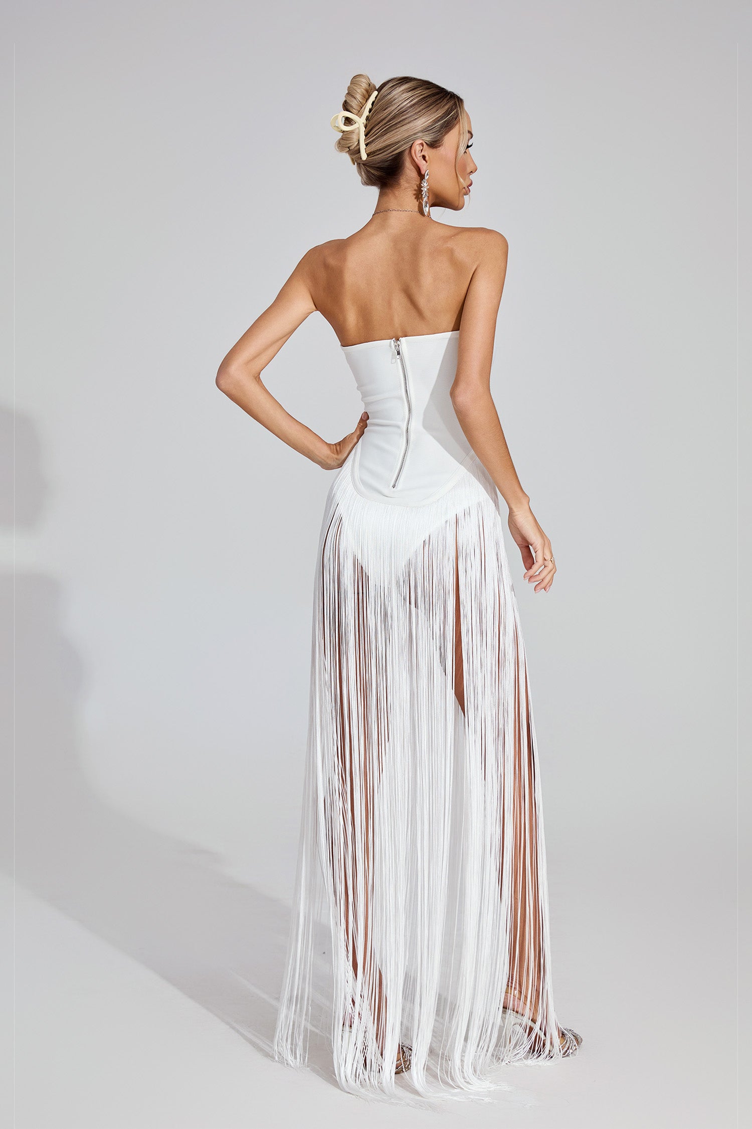 Maksim White Fringe Strapless Maxi Dress
