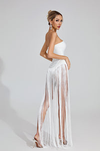 Maksim White Fringe Strapless Maxi Dress