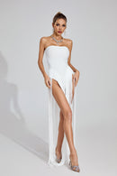 Maksim White Fringe Strapless Maxi Dress