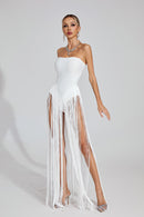 Maksim White Fringe Strapless Maxi Dress