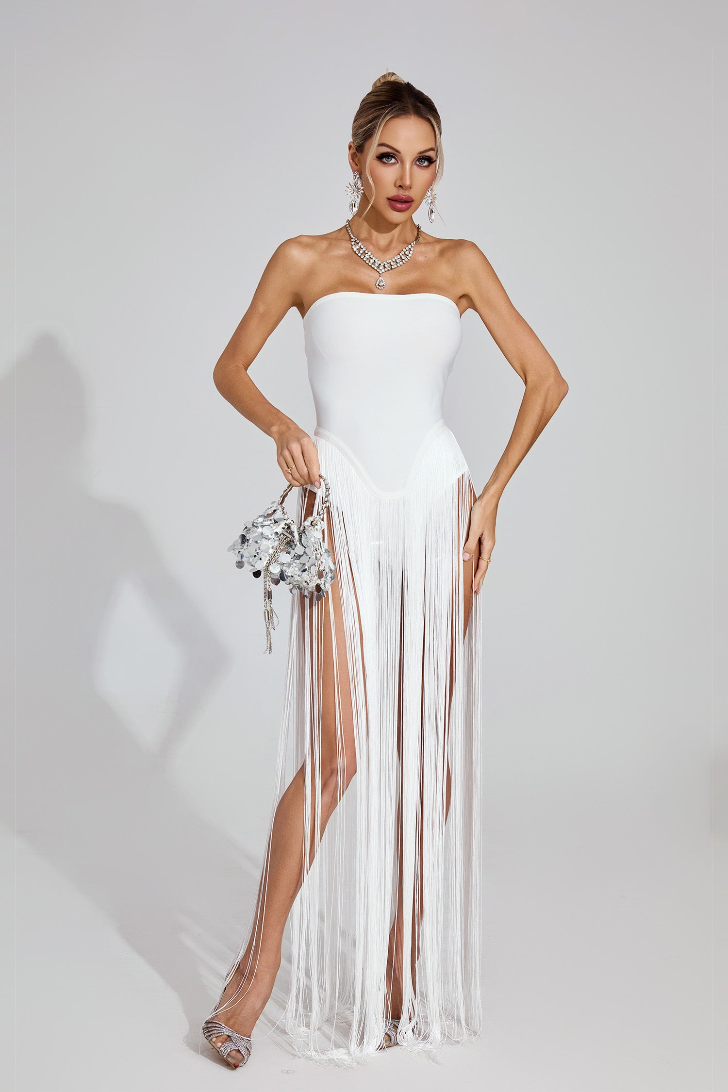 Maksim White Fringe Strapless Maxi Dress