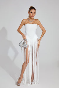 Maksim White Fringe Strapless Maxi Dress