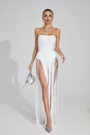 Maksim White Fringe Strapless Maxi Dress