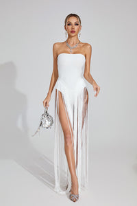 Maksim White Fringe Strapless Maxi Dress