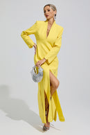 Grunet Yellow V-Neck High Slit Maxi Dress