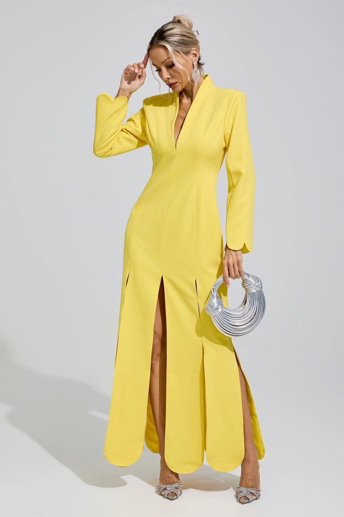 Grunet Yellow V-Neck High Slit Maxi Dress