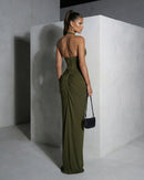 Genowefa Olive Draped Halter Maxi Dress