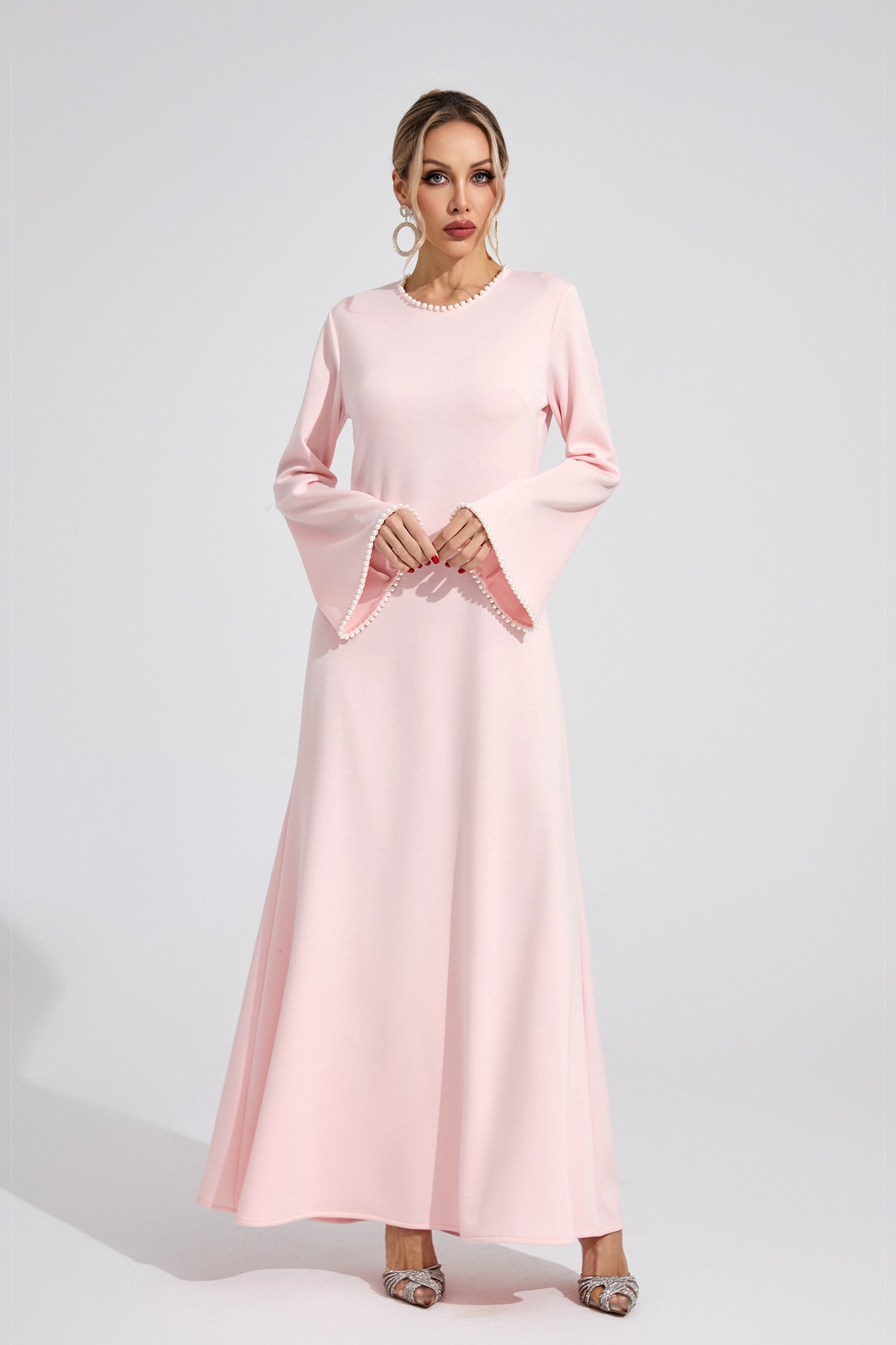 Emilie Pink Pearl Trim Shawl Detail Maxi Dress