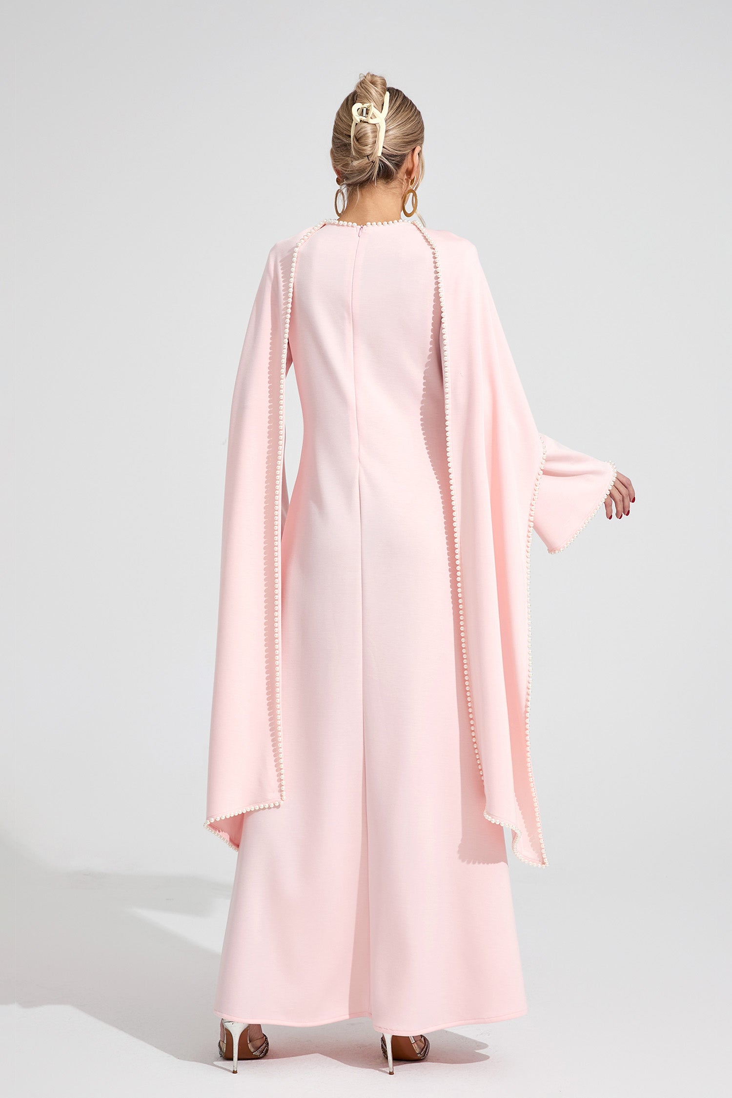 Emilie Pink Pearl Trim Shawl Detail Maxi Dress