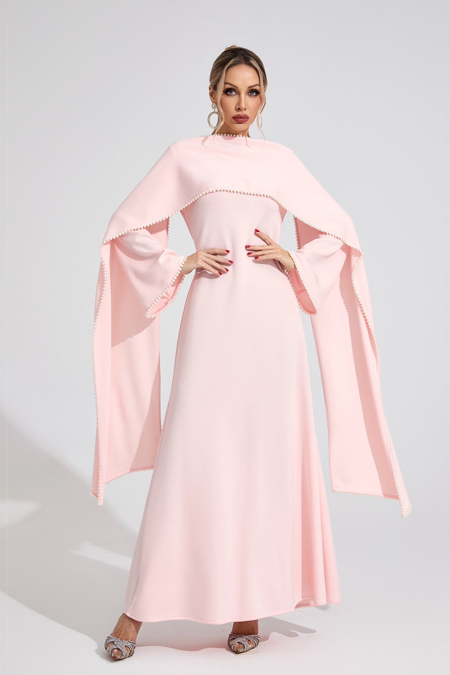Emilie Pink Pearl Trim Shawl Detail Maxi Dress