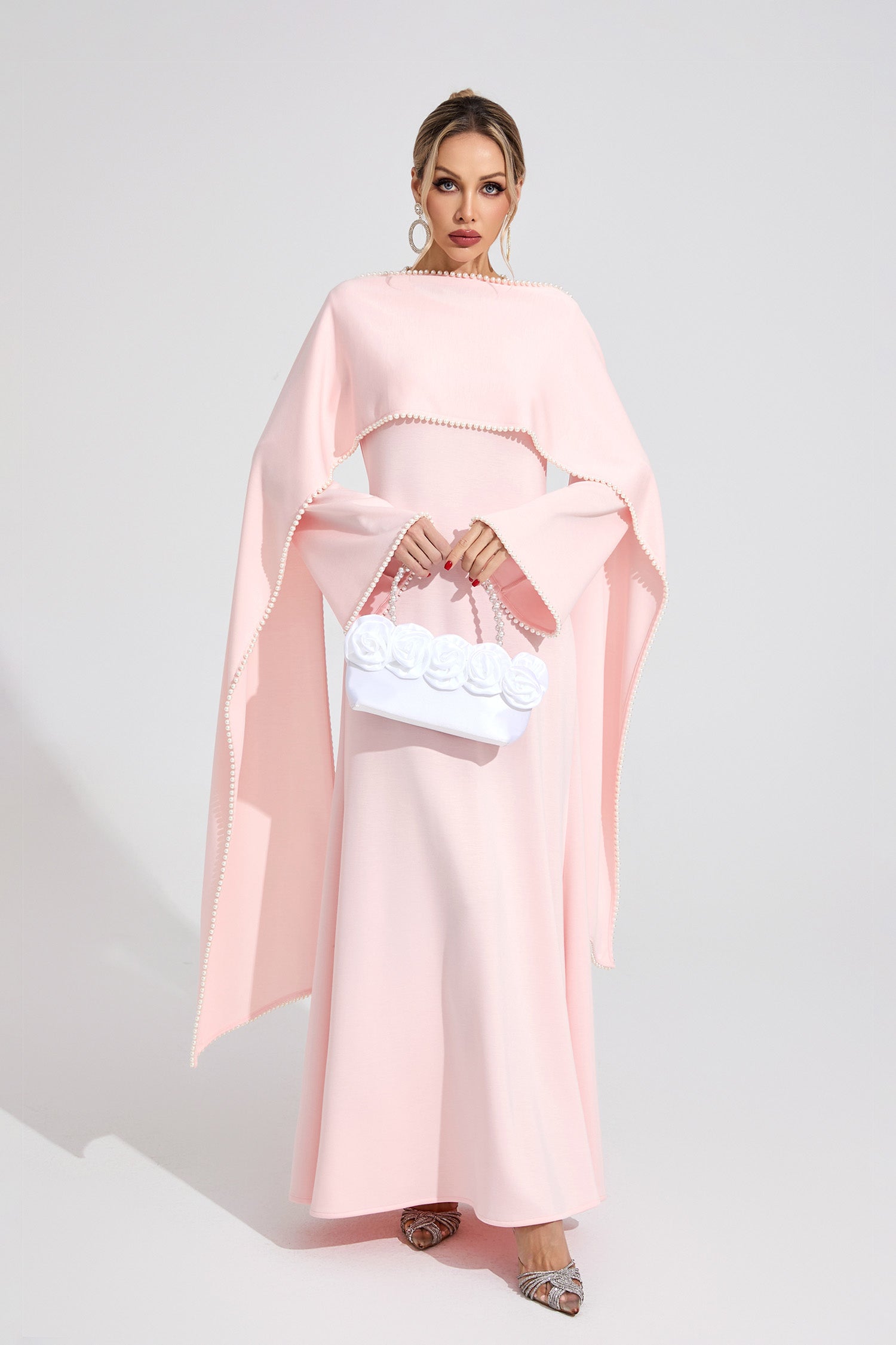 Emilie Pink Pearl Trim Shawl Detail Maxi Dress