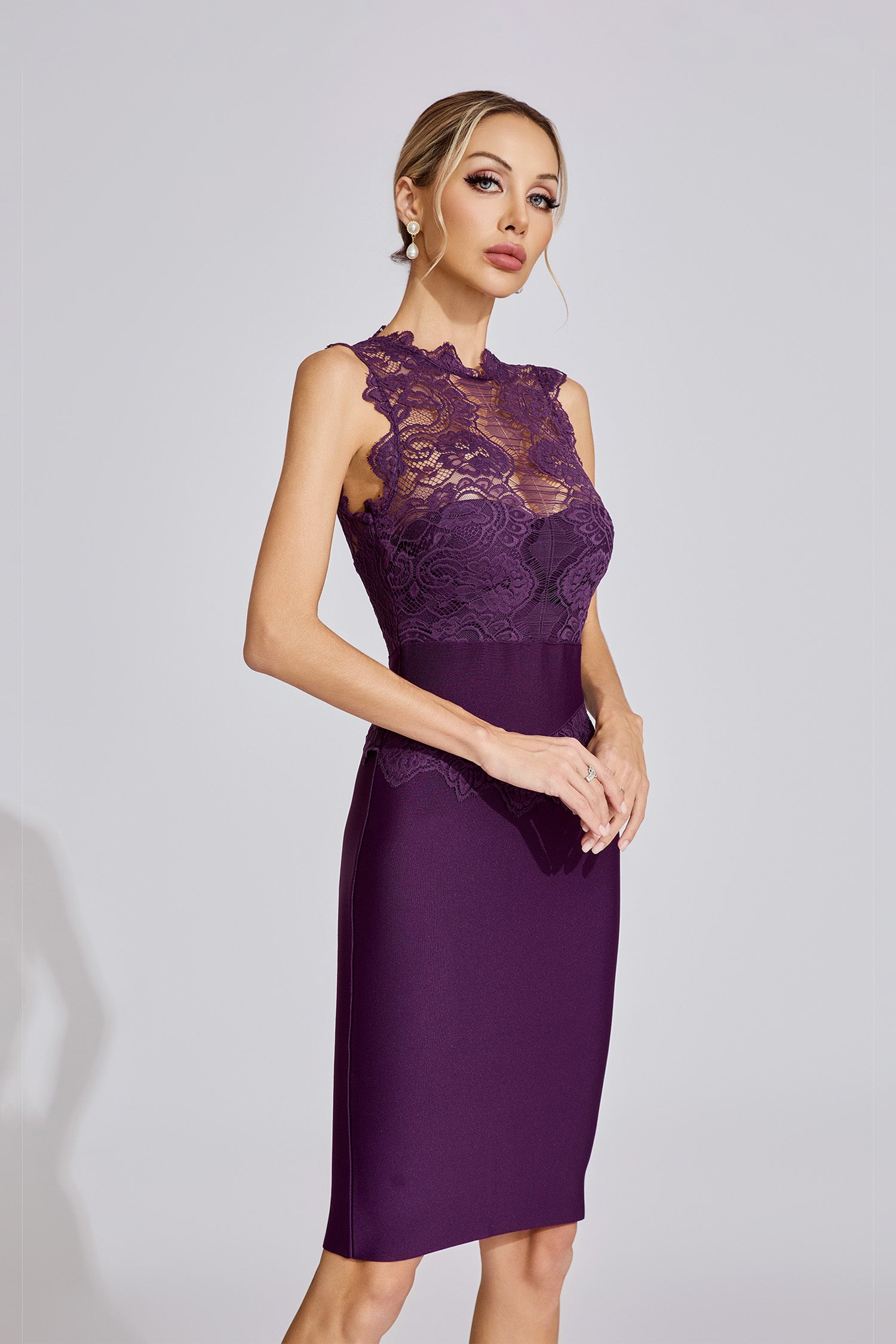 Farhod Lace Bandage Midi Dress In Purple