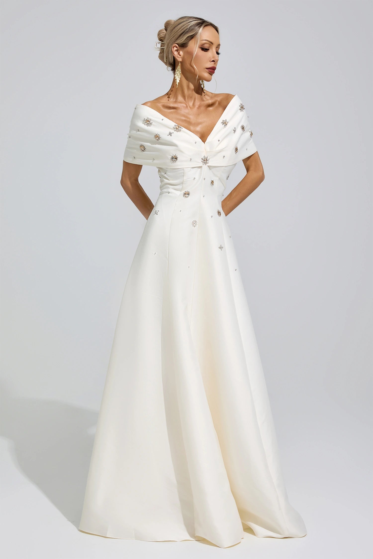 Jelmor Apricot Beaded Rhinestone Maxi Dress