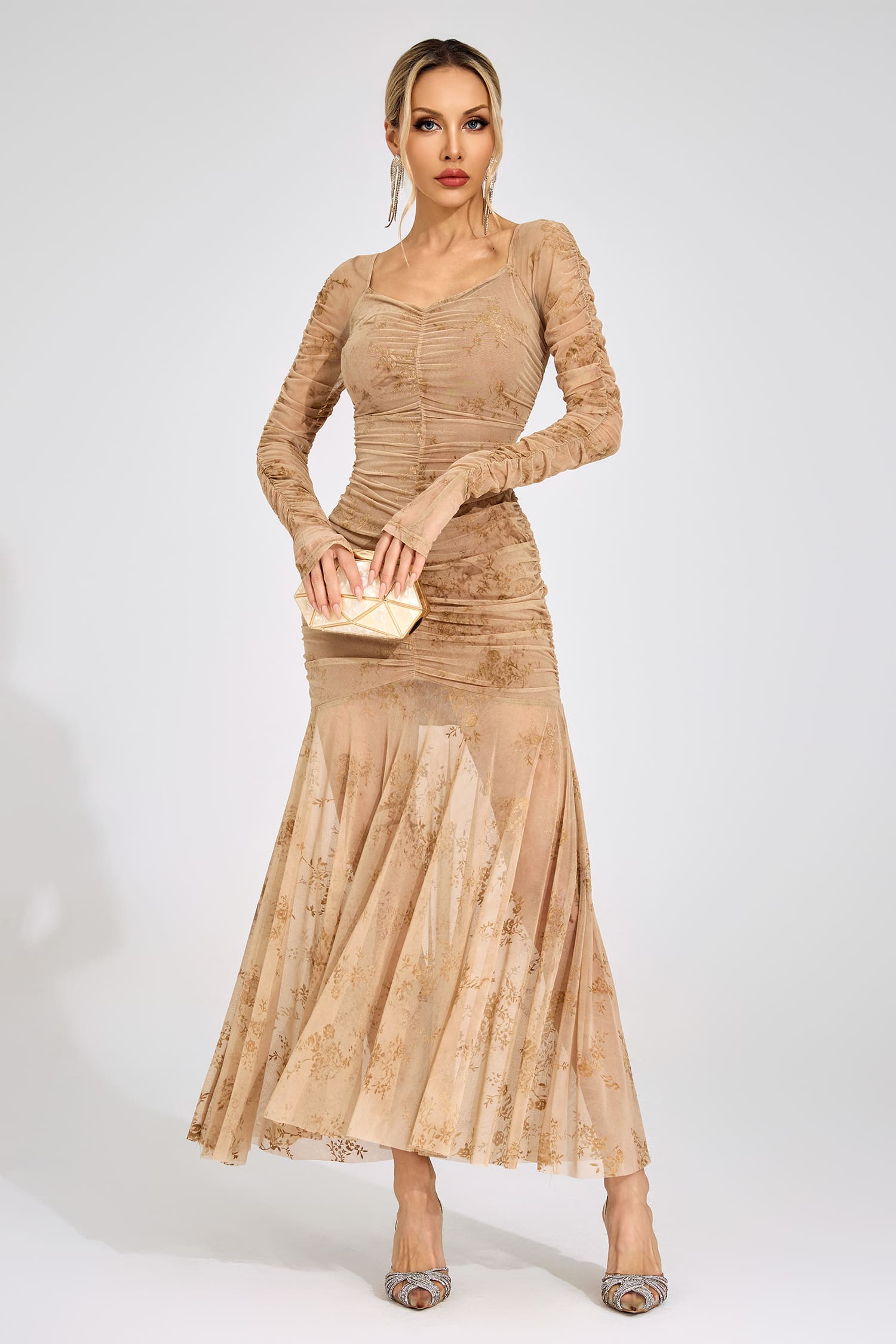 Iverdan Apricot Printed Maxi Dress
