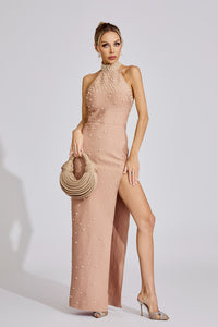 Eivor Pearl Halter Maxi Dress In Apricot