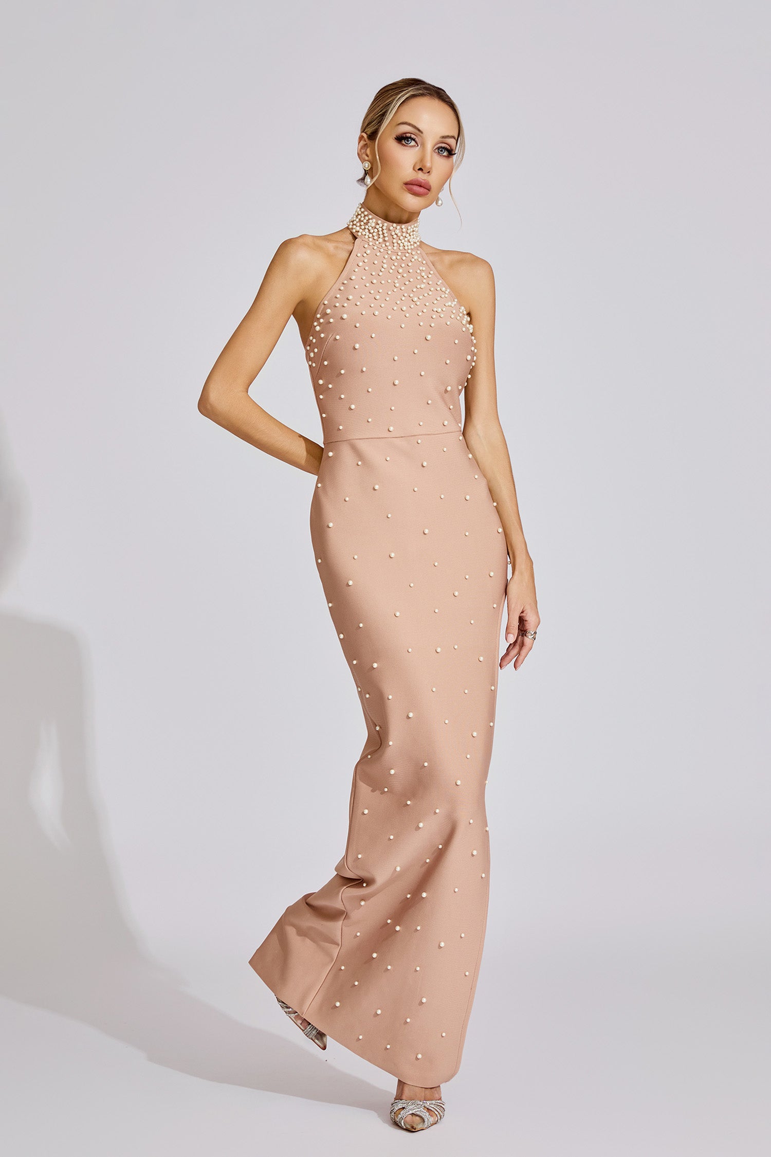 Eivor Pearl Halter Maxi Dress In Apricot