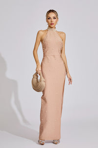 Eivor Pearl Halter Maxi Dress In Apricot