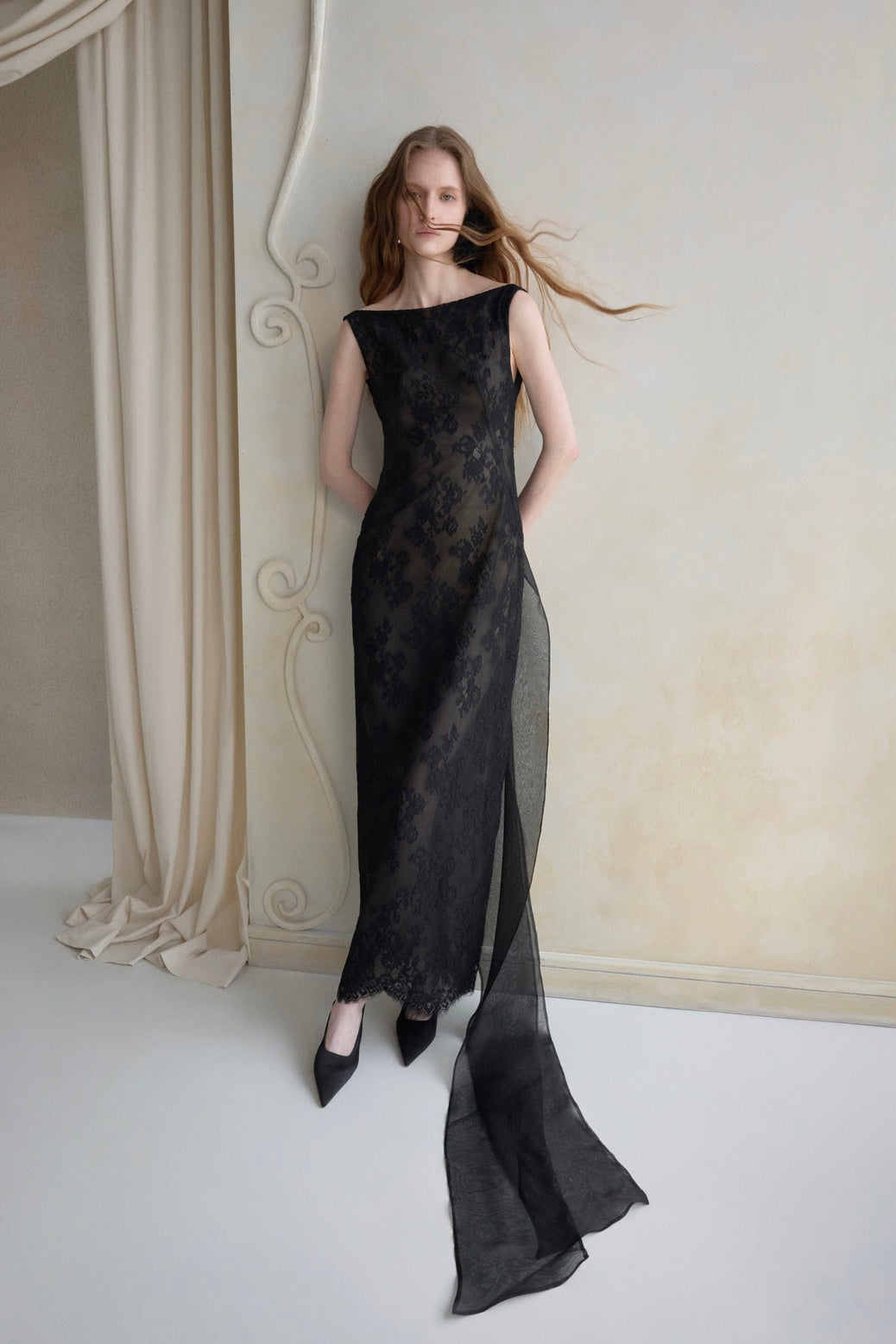 Brelvik Lace Backless Maxi Dress In Black