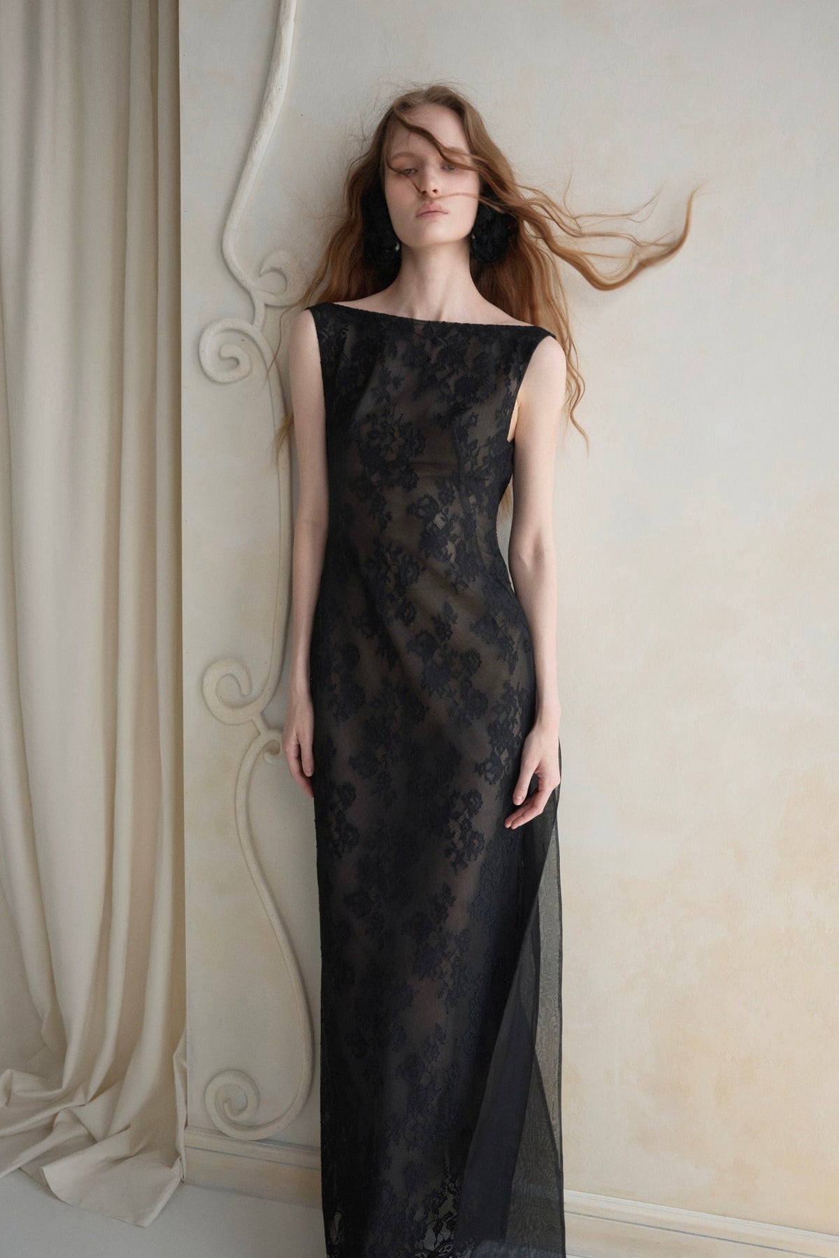 Brelvik Lace Backless Maxi Dress In Black